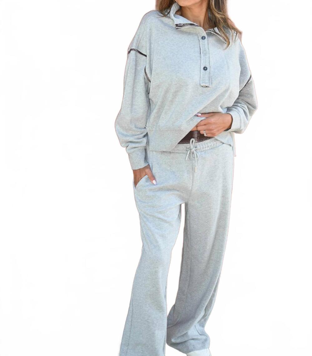 NEW VINTAGE HAVANA midnight moon french terry wide leg pant in grey/mocha plaid